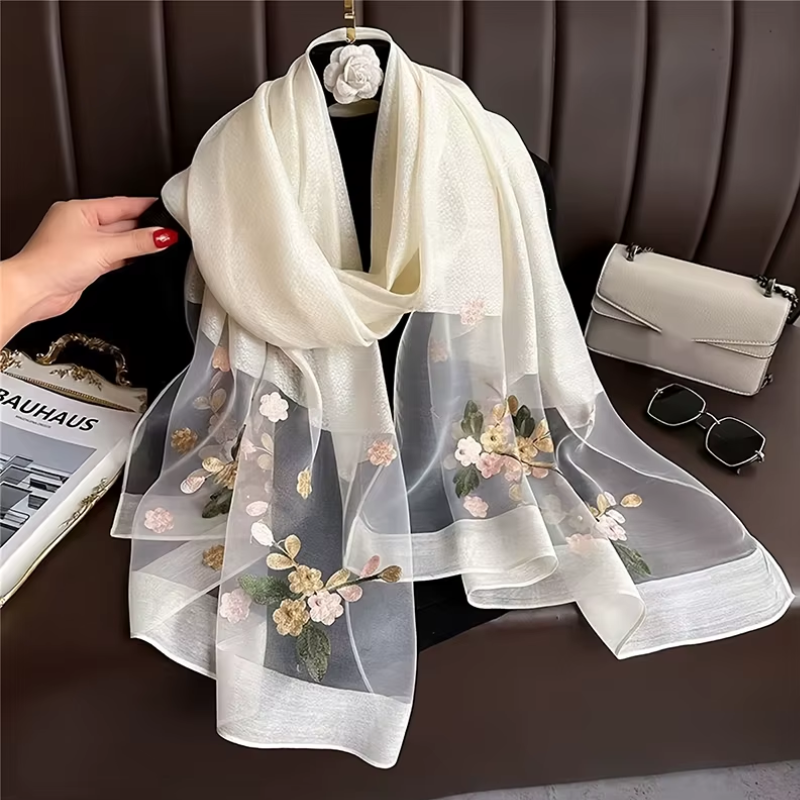Foulard Brodé Fleurs portée à la main - Blanc - Beige - Bleu - Rouge - Rose - Violet - Jaune - Lilas