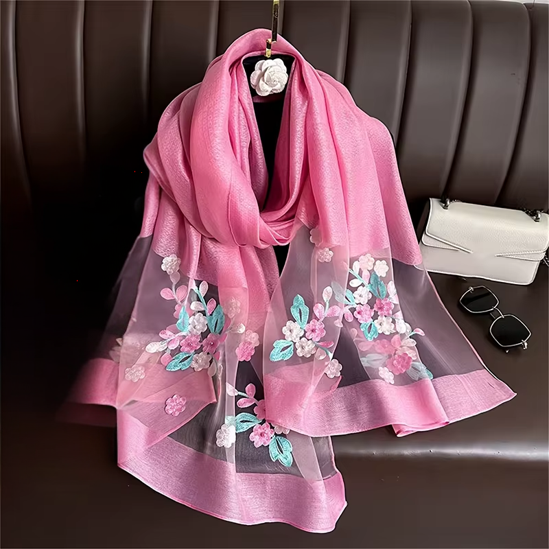 Foulard Brodé Fleurs - Rose - 180*70cm