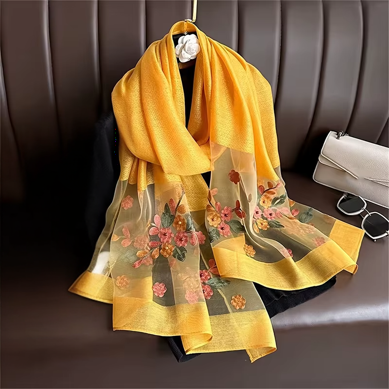 Foulard Brodé Fleurs - Jaune - 180*70cm