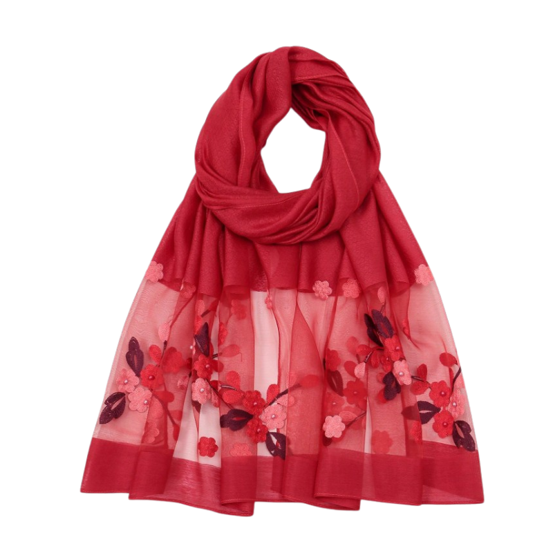 Foulard Brodé Fleurs - Rouge - 180*70cm