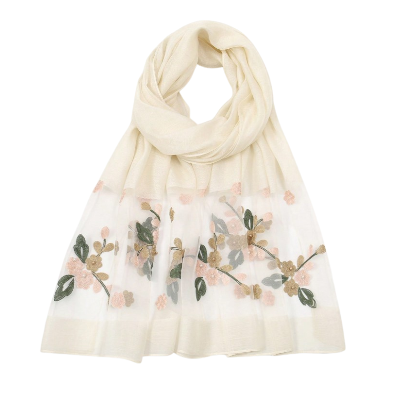 Foulard Brodé Fleurs - Blanc - 180*70cm