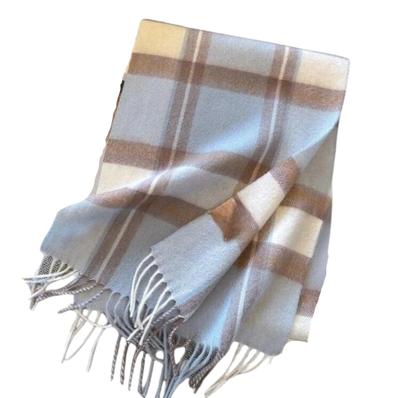 Echarpe en Laine à Franges Bleu Pâle et Beige Clair 188*32cm