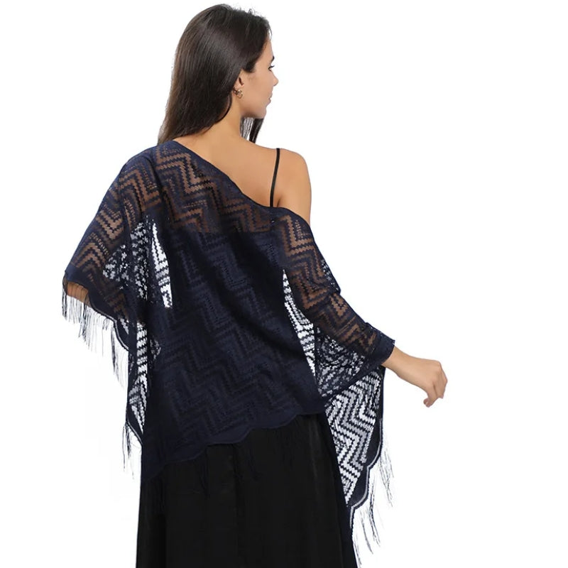 Châle Dentelle au Crochet Bleu Marine 130*130*180cm