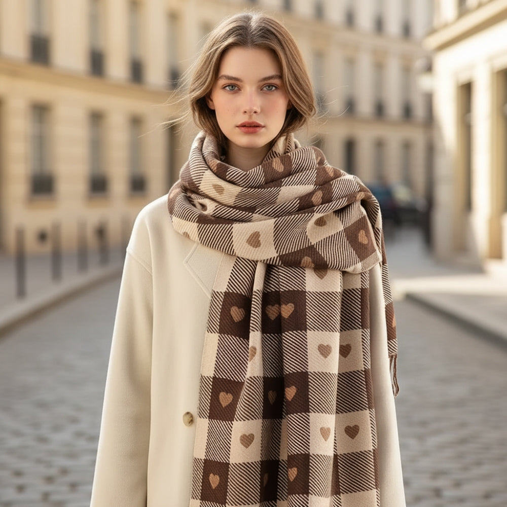Echarpe Femme avec Coeur portée autour du cou - Marron - Bleu