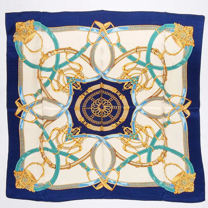 Grand Carré De Soie Foulard Bleu Marine et Vert Turquoise 90*90cm