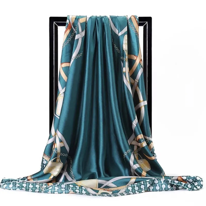Foulard Petit Carré Turquoise et Doré 90*90cm