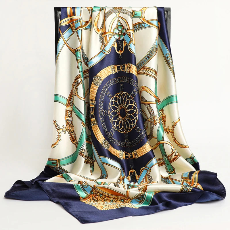 Foulard Carré 90x90 Beige et Bleu Marine 90*90cm