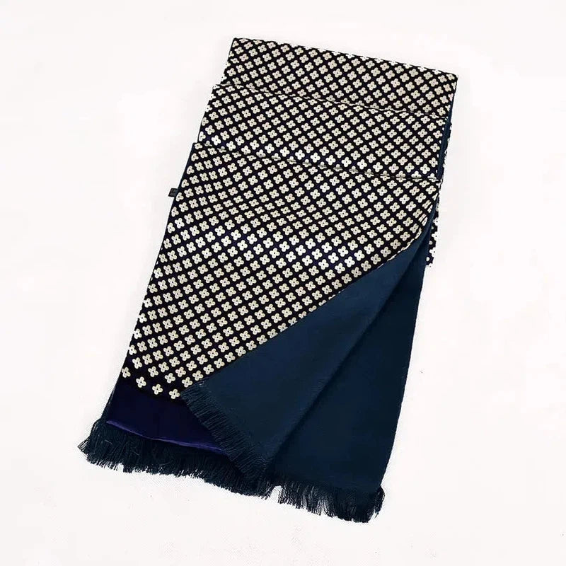 Foulard Echarpe en Soie Homme Bleu Nuit et Blanc 