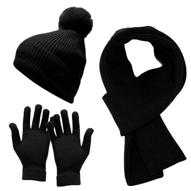 Ensemble Bonnet Gants Echarpe Femme Noir Ébène 
