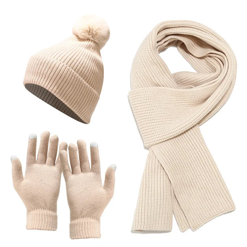 Ensemble Bonnet Gants Echarpe Femme Crème Clair 