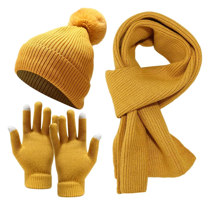 Ensemble Bonnet Gants Echarpe Femme Jaune Moutarde 