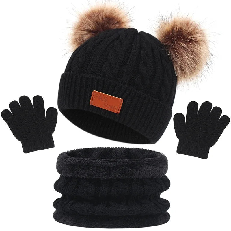 Ensemble Accessoire Bonnet Gant Echarpe Enfant Noir Ébène 
