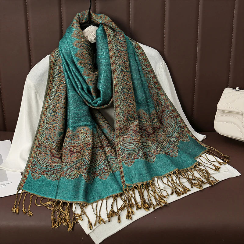 Châle Ethnique Turquoise et Doré 70x190cm