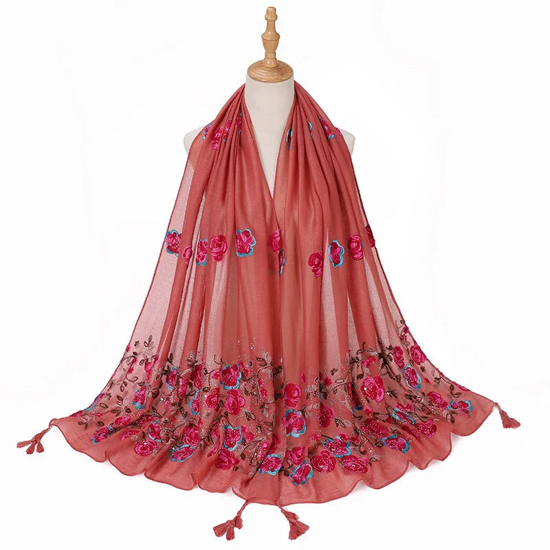 Echarpe Brodée Fleurs Corail et Rose Fuchsia 80*180cm