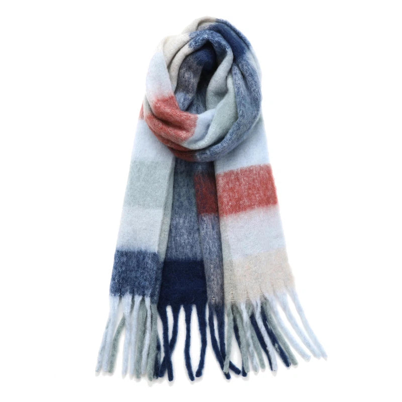 Echarpe Plaid à Carreaux Femme Bleu Ciel et Rouge Brique 35*220cm