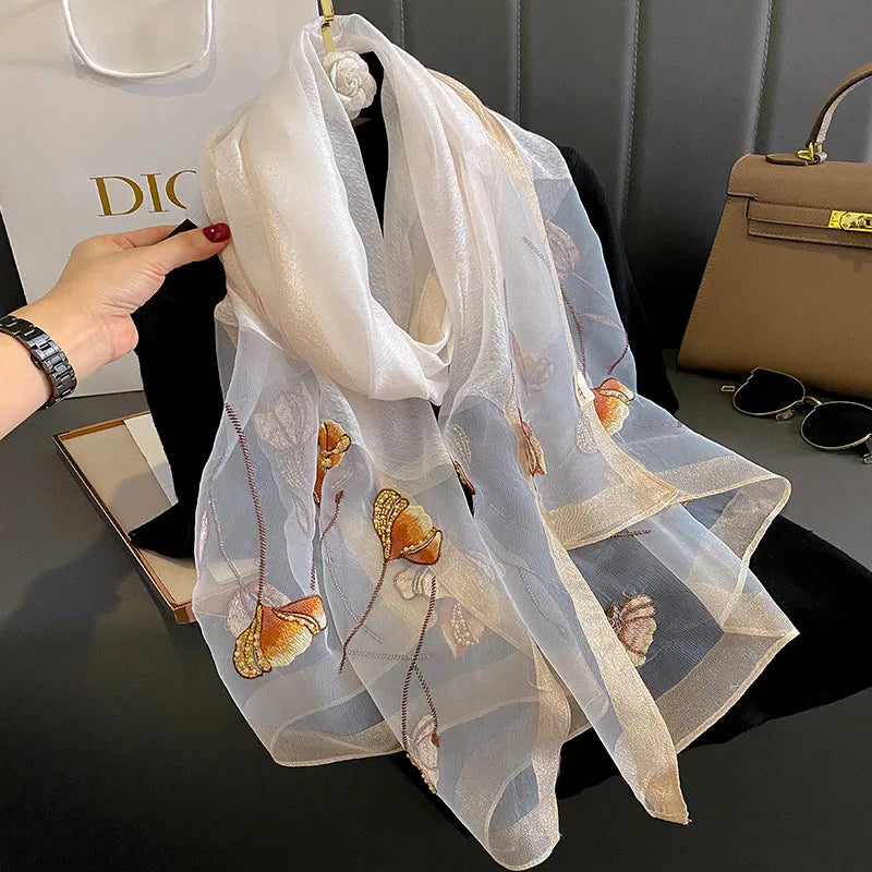 Foulard en Mousseline de Soie Femme - Blanc Transparent et Orange - 180*90cm