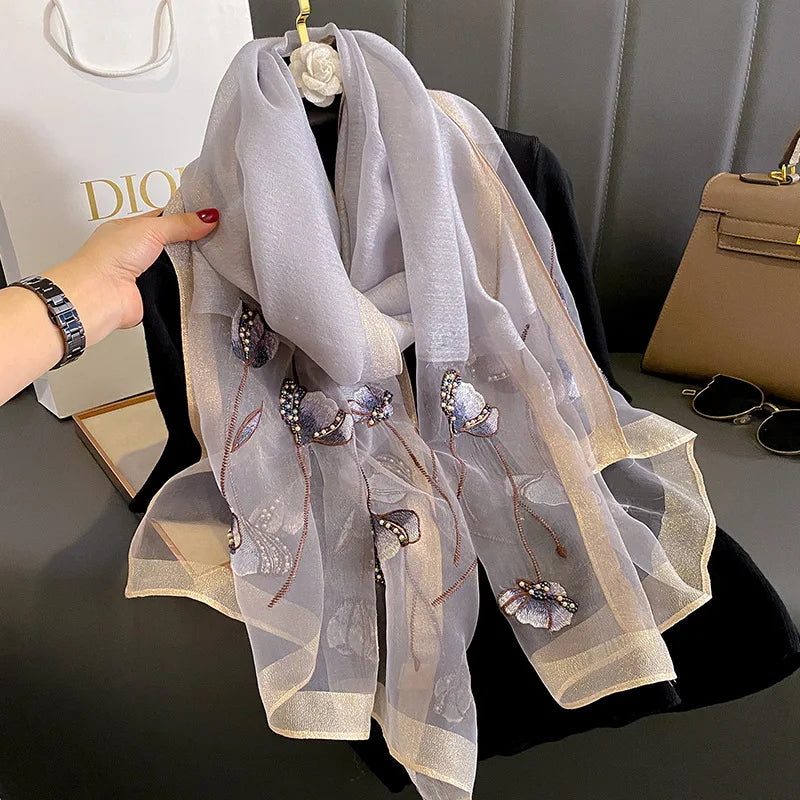 Foulard en Mousseline de Soie Femme - Gris Clair et Beige - 180*90cm