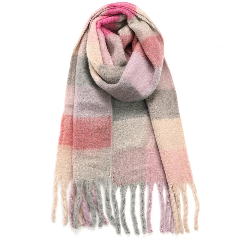 Echarpe Plaid à Carreaux Femme Rose Pâle et Gris Foncé 35*220cm