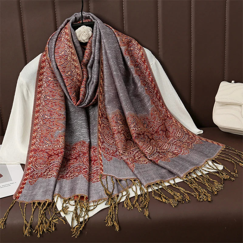 Châle Ethnique Gris et Rouge Terre cuite 70x190cm
