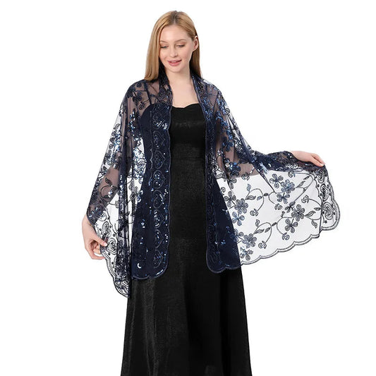 Châle Chic pour Mariage Bleu Marine et Transparent 190*60cm