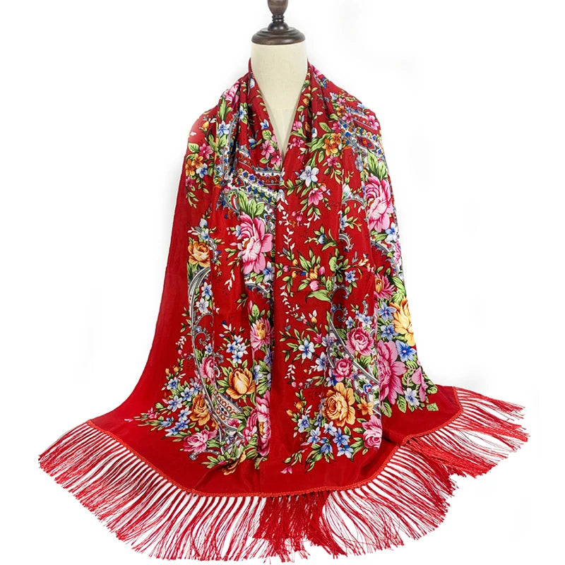 Châle Foulard Russe Bordeaux et Multicolore 