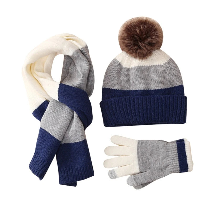 Parure Bonnet Gant Echarpe Enfant Blanc et Bleu Marine 