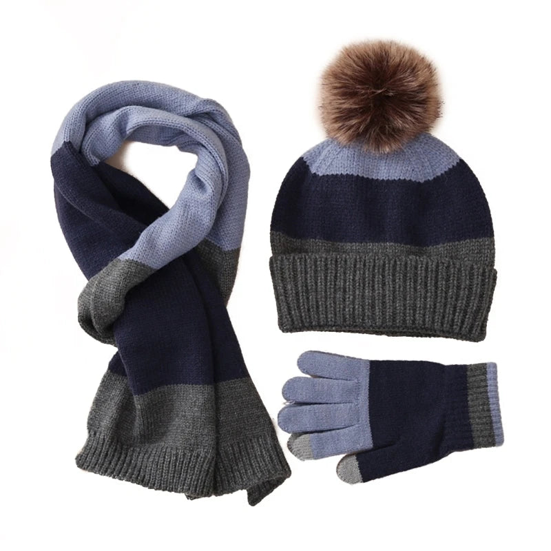 Parure Bonnet Gant Echarpe Enfant Bleu Marine et Gris Clair 