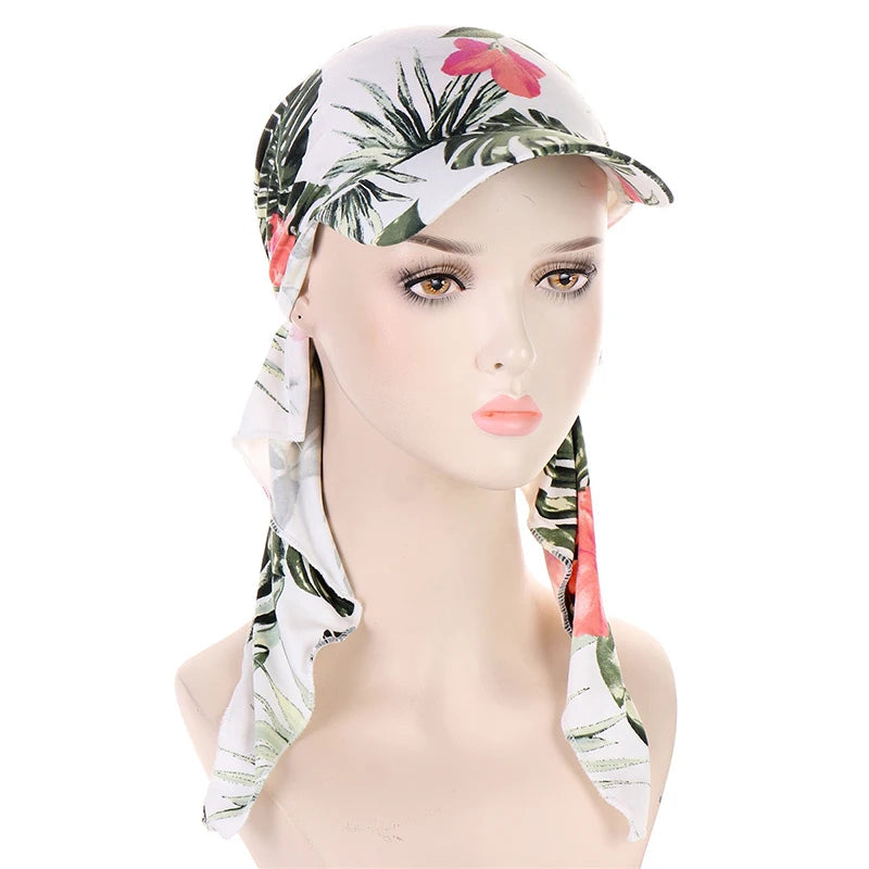 Casquette Foulard Femme Blanc et Vert Feuillage 