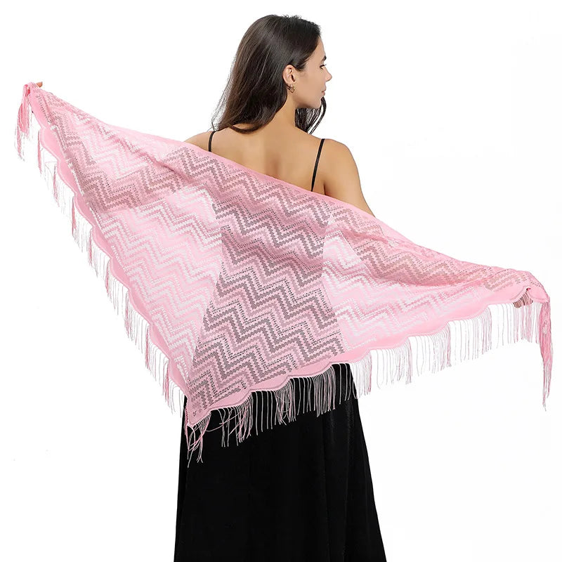Châle Dentelle au Crochet Rose Pâle et Argent 130*130*180cm