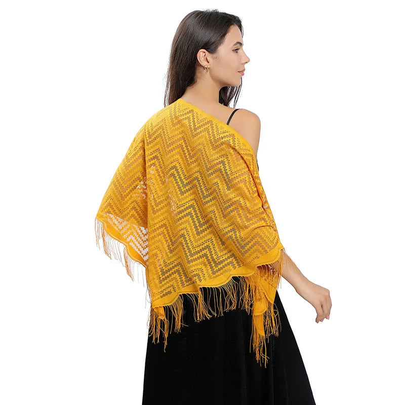 Châle Dentelle au Crochet Jaune Moutarde 130*130*180cm