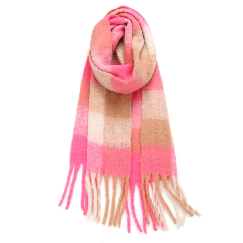 Echarpe Plaid à Carreaux Femme Rose et Beige 35*220cm