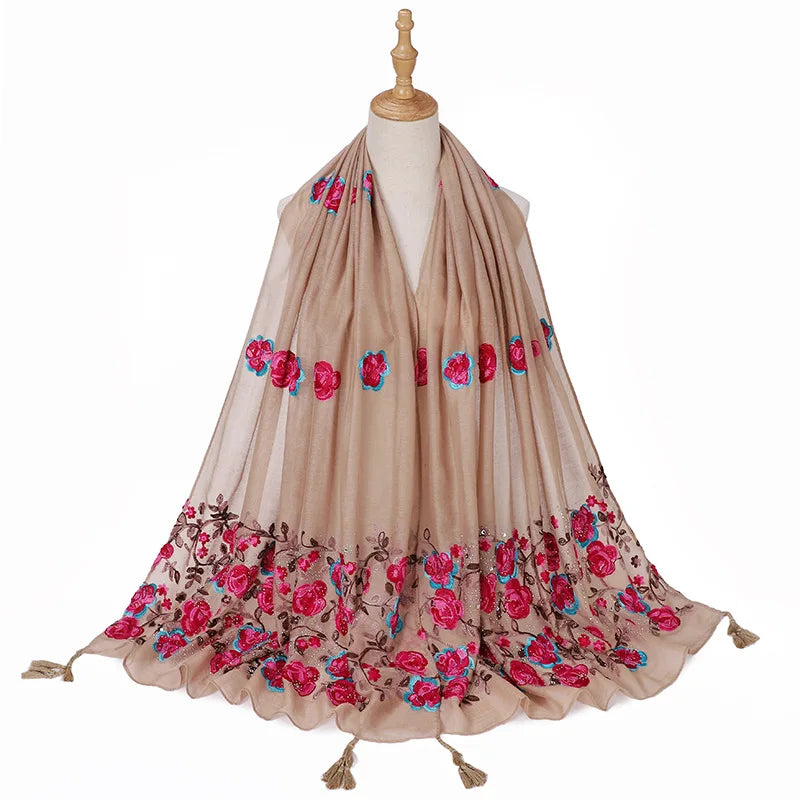 Echarpe Brodée Fleurs Beige et Rose Fuchsia 80*180cm