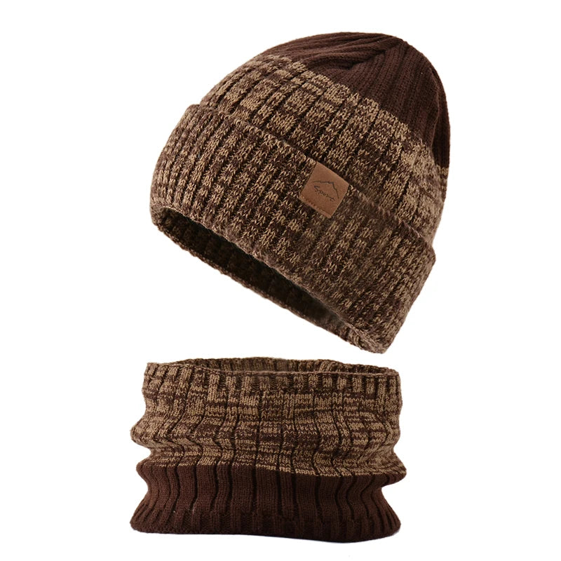 Ensemble Bonnet Snood Tricot Homme Marron et Beige 