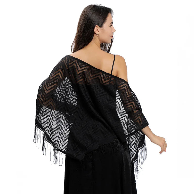 Châle Dentelle au Crochet Noir et Blanc 130*130*180cm