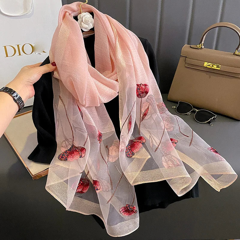 Foulard en Mousseline de Soie Femme - Rose Pâle et Rouge - 180*90cm