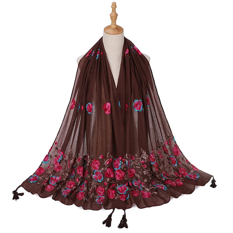 Echarpe Brodée Fleurs Marron et Fuchsia 80*180cm