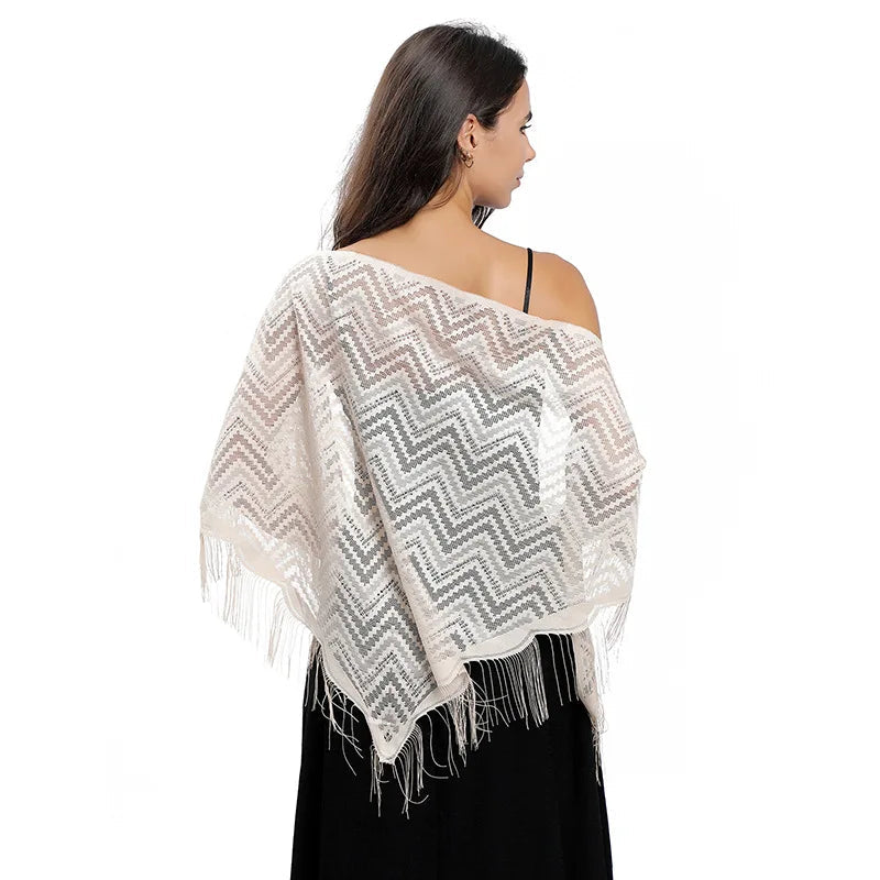 Châle Dentelle au Crochet Beige et Argent 130*130*180cm