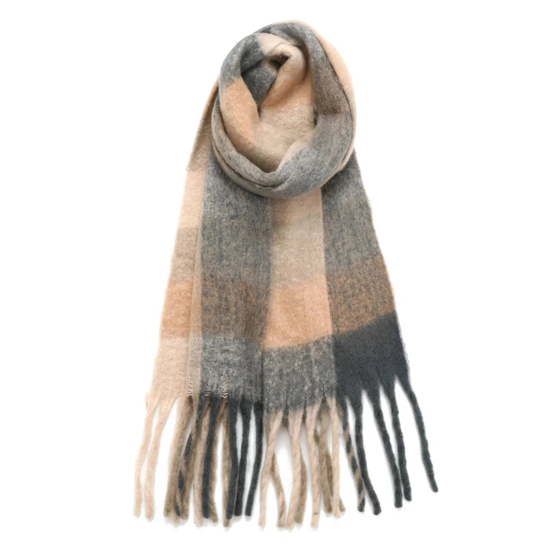 Echarpe Plaid à Carreaux Femme Beige et Gris 35*220cm