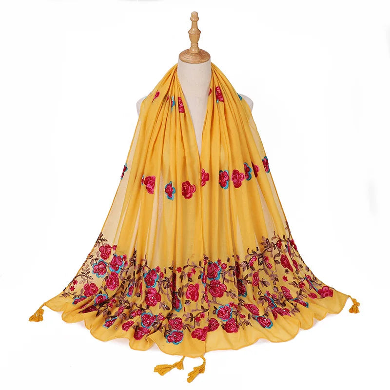 Echarpe Brodée Fleurs Jaune et Fuchsia 80*180cm