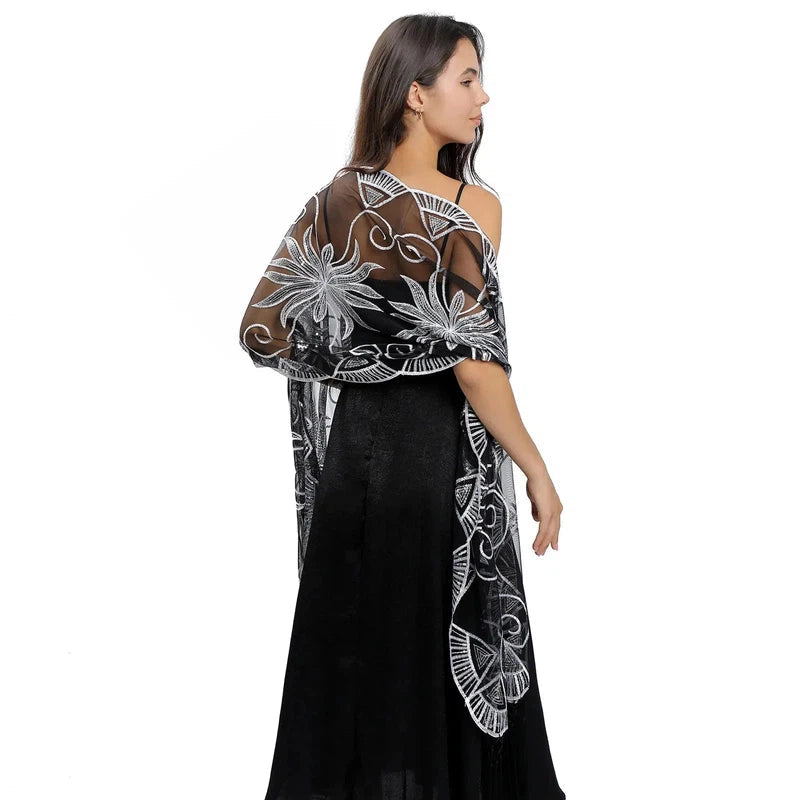 Châle Pour Robe de Soirée Noir et Argent 60*200cm