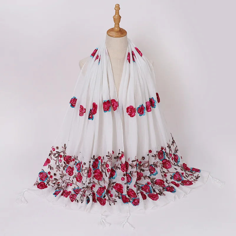 Echarpe Brodée Fleurs Blanc et Fuchsia 80*180cm