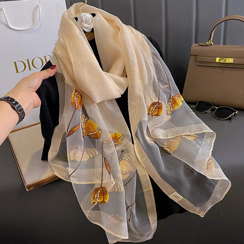Foulard en Mousseline de Soie Femme - Beige et Jaune - 180*90cm