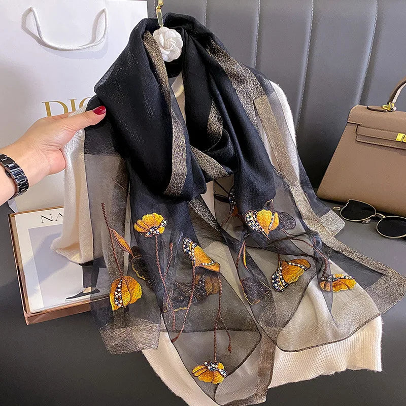 Foulard en Mousseline de Soie Femme - Noir et Jaune - 180*90cm