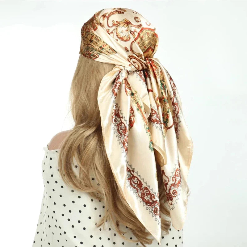 Foulard pour Cheveux Carré Doré et Ivoire 90*90cm