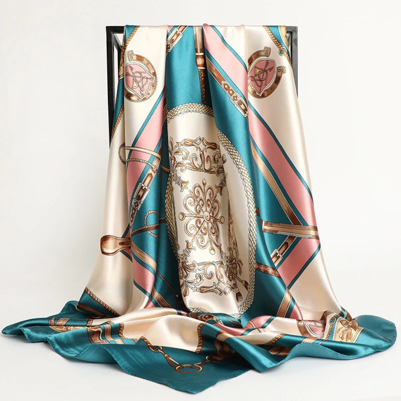 Foulard Carré 90x90 Turquoise et Rose Poudré 90*90cm