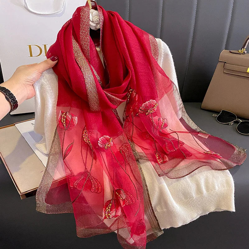 Foulard en Mousseline de Soie Femme - Rouge Fuchsia et Doré - 180*90cm