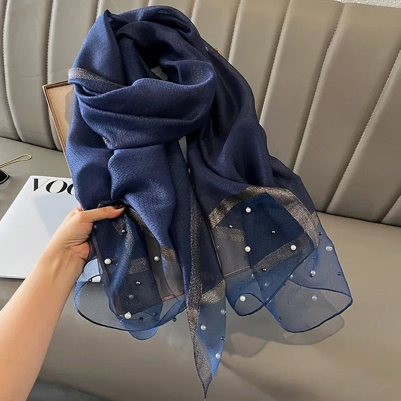 Foulard avec Perles Bleu Nuit et Argent 75*190cm