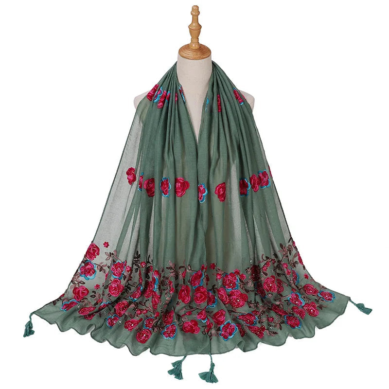 Echarpe Brodée Fleurs Vert Sauge et Rose Fuchsia 80*180cm