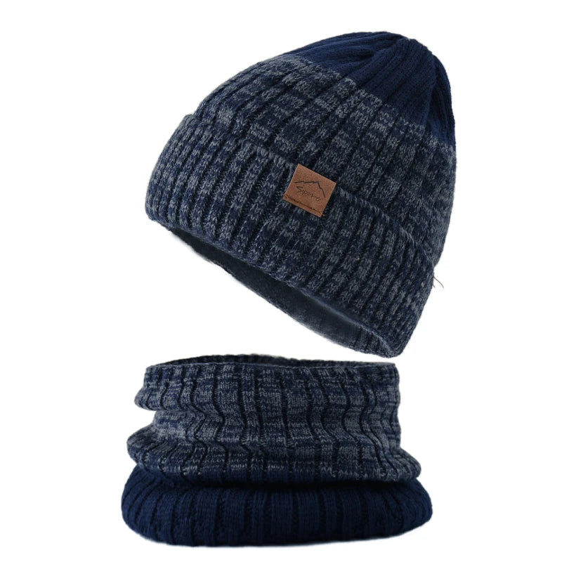 Ensemble Bonnet Snood Tricot Homme Gris Foncé et Bleu Nuit 
