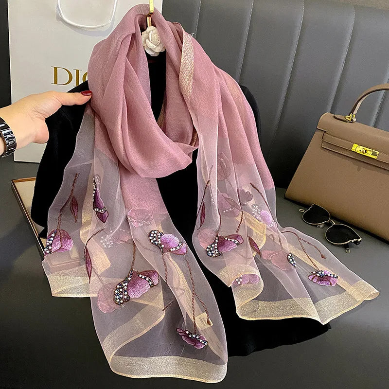 Foulard en Mousseline de Soie Femme - Rose Poudré et Violet - 180*90cm